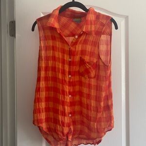 C & C Plaid Orange Button Up Top SZ S